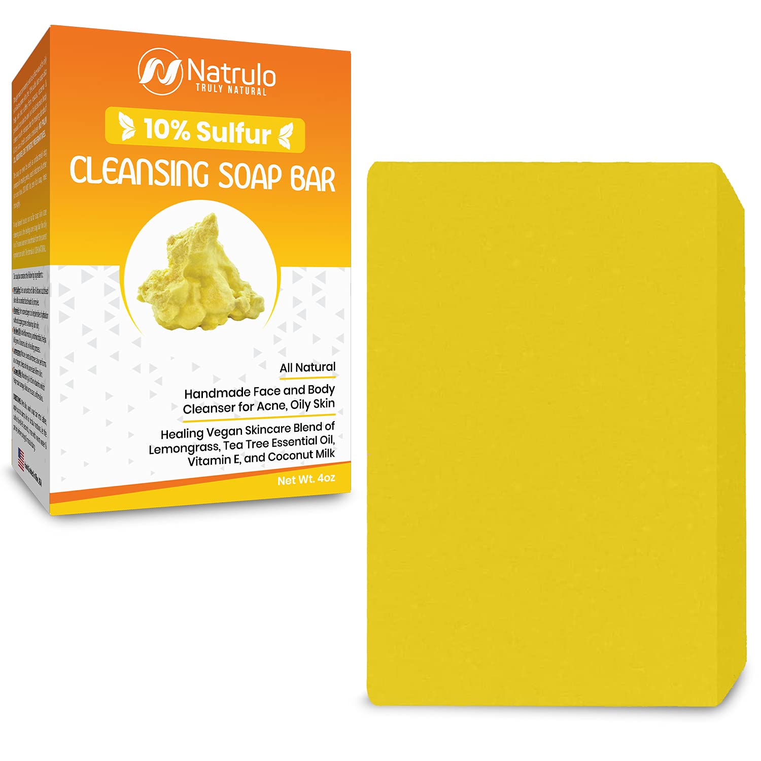 10% Sulfur Soap Cleansing Bar for Face & Body All Natural Facial Cleanser for Acne, Oily Skin Healing Skincare Blend of Lemongrass, Tea Tree Essential Oil, Vitamin E, Coconut Milk Made in USA