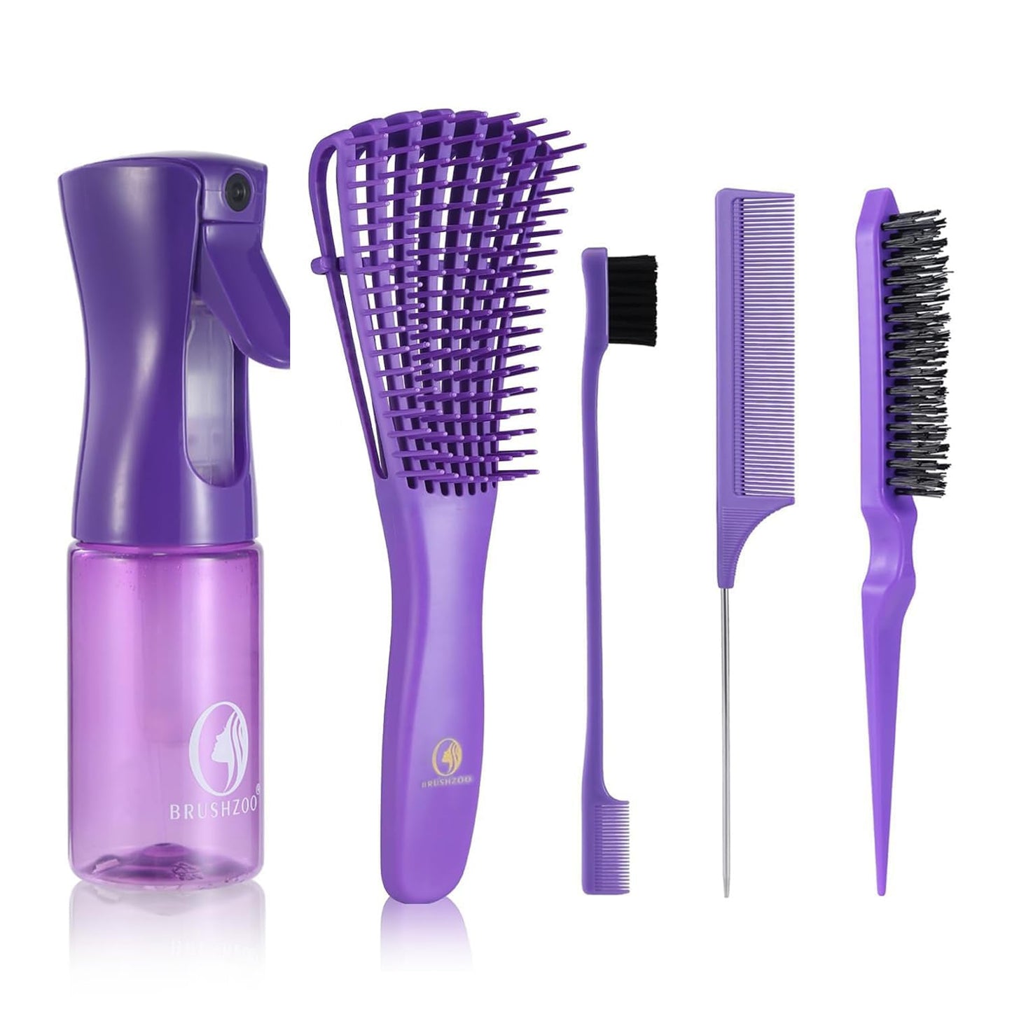 BRUSHZOO Hair Brush Set, Hair Brushes for Women Men kid Wet Dry All Hair Detangling Parting Styling, Brush Set with Detangler Brush, Edge Brush, Teasing brush, Rat Tail Comb (Purpe)
