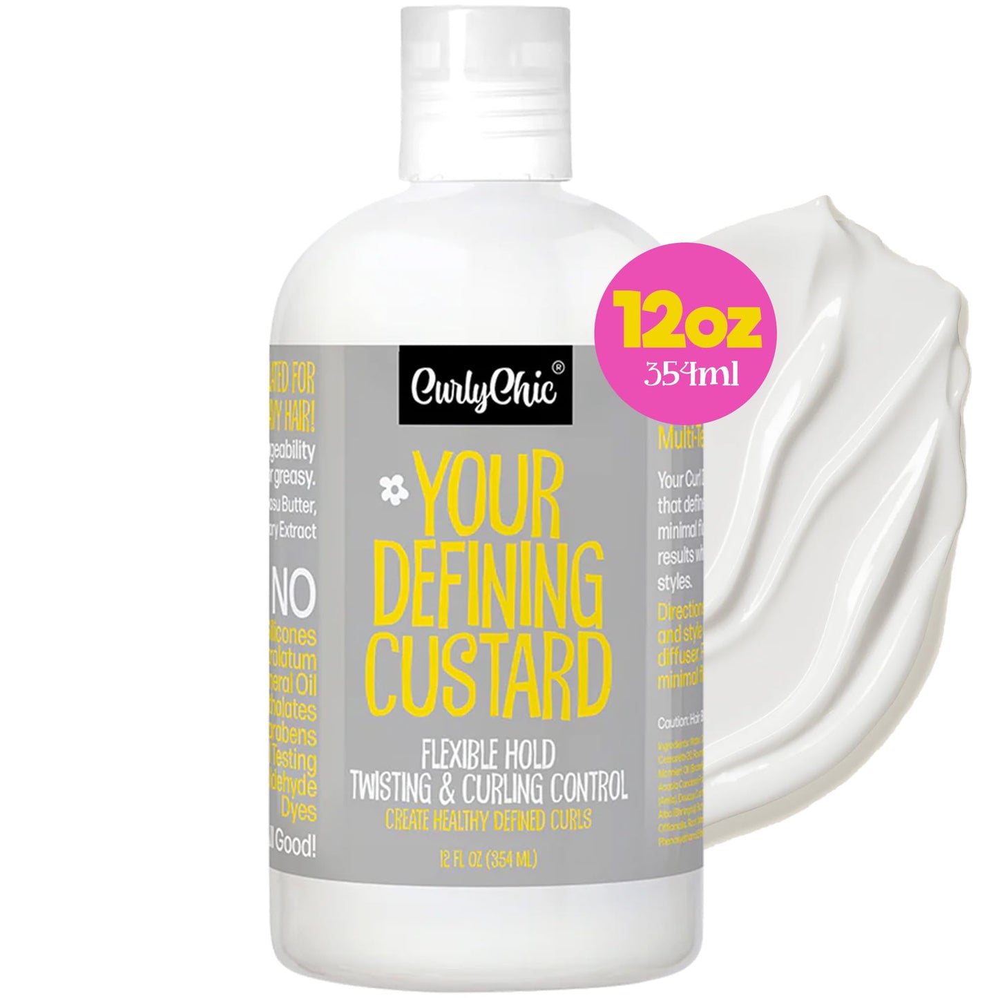 CurlyChic Your Defining Custard - Curl Defining & Moisturizing Styling Cream for Curly, Kinky, Coily, Wavy, & Frizzy Hair - Long-Lasting Hold, Flake-Free, No Crunch, Sulfate & Paraben Free, 12 fl oz