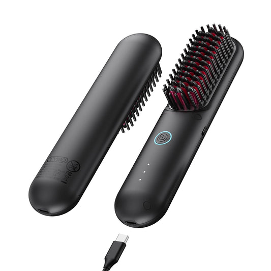 TYMO Cordless Hair Straightener Brush - Upgrade Porta ECO Portable Straightening Brush for Travel, Mini Hot Straightening Comb for Women, Ceramic Coating, Lightweight for Touch-ups,Anti-Scald, Black
