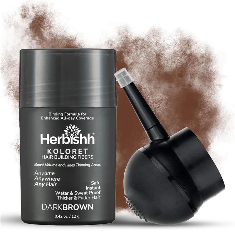 Herbishh Koloret Hair Building Fibers Dark Brown Powder for Men & Women, Instant Bald Spot Cover-Up & Scalp Concealer Sweat-Proof & Water-Resistant Fibers for Thinning Hair, 12g