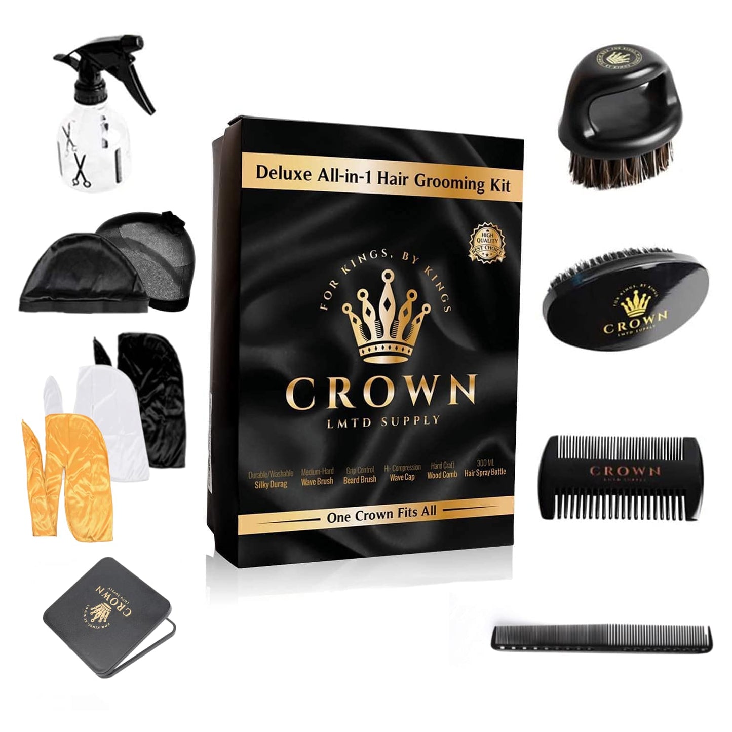 11-in-1 Deluxe Wave Hair Care Set - 3 Durags, Wave Brush, Bristle Beard Brush, Wave Comb, Spray Bottle, 2 Stocking Caps, Mirror for Men