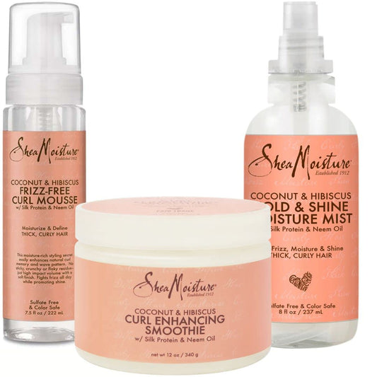 SheaMoisture Curly Hair Bundle: Frizz Free Mousse 7.5 Fl Oz, Curl Enhancing Smoothie 12 Oz, Hold & Shine Mist 8 Fl Oz for Styling