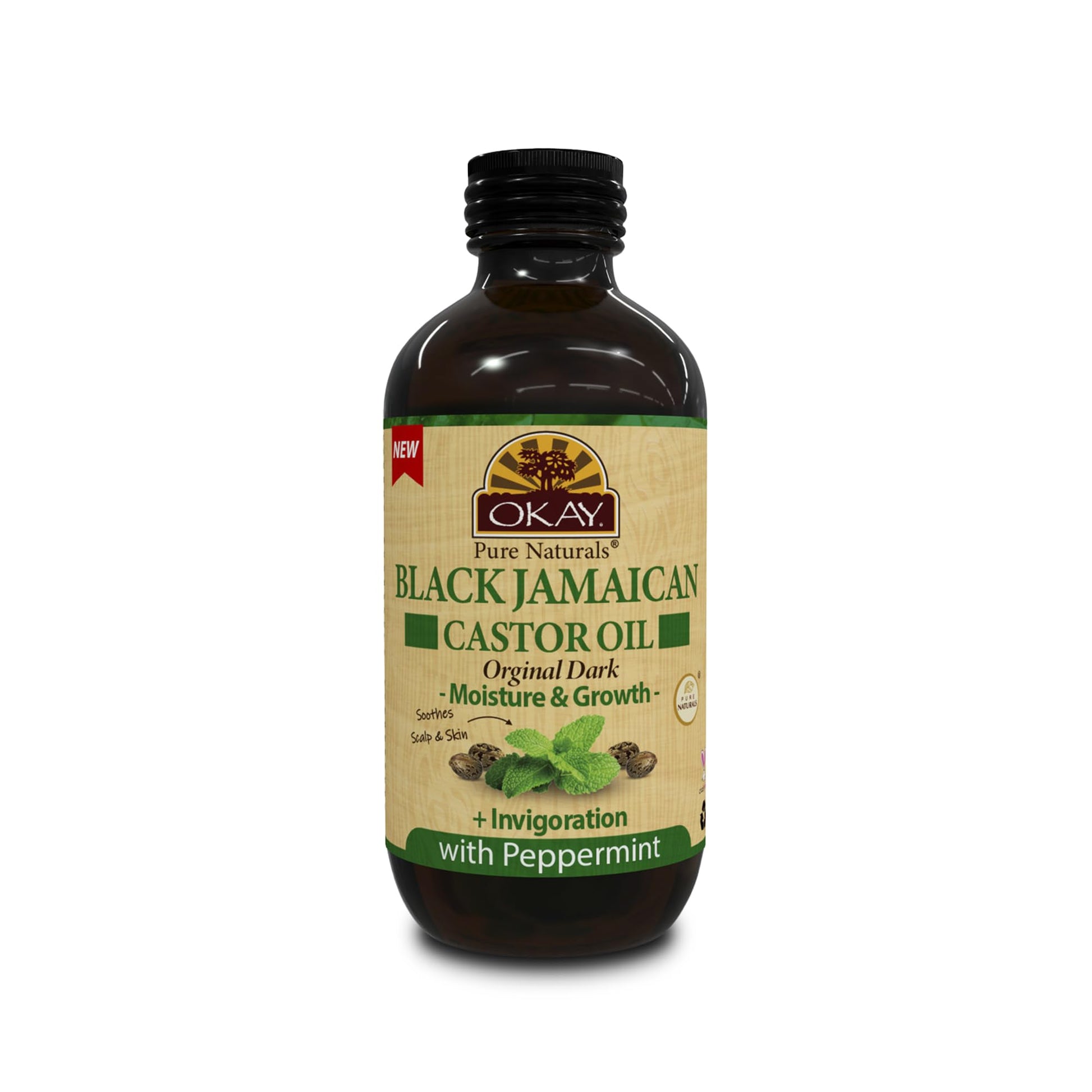 Okay Pure Naturals Black Jamaican Castor Oil - Castor Oil for Hair Growth, Moisture for Skin, Face, Scalp, Eyelashes, Eyebrows - Hair Oil for Men & Women - Peppermint, 4 oz Glass Bottle