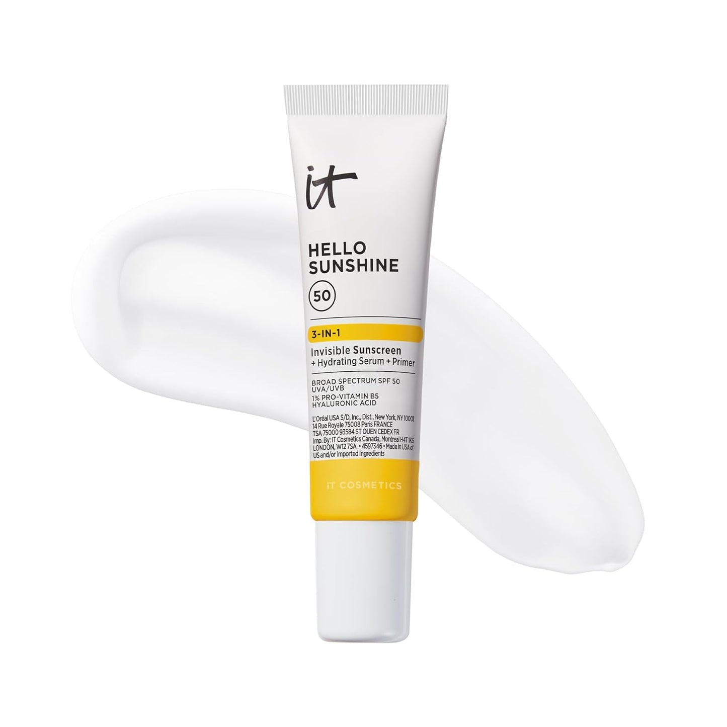 IT Cosmetics Hello Sunshine Invisible Sunscreen for Face SPF 50 - Sunscreen, Hydrating Serum & Makeup Primer - 1% Pro-Vitamin B5 & Hyaluronic Acid - HSA/FSA Eligible - No White Cast