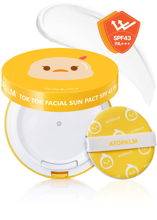 ATOPALM Tok Tok Facial Sun Pact | Sun Cushion SPF43 PA+++ | Sunscreen Korean | For Dry and Sensitive Skin | Outdoor Sunscreen Compact | Moisturizing Spf Cushion Mineral Cream | Korean Skincare | 15g