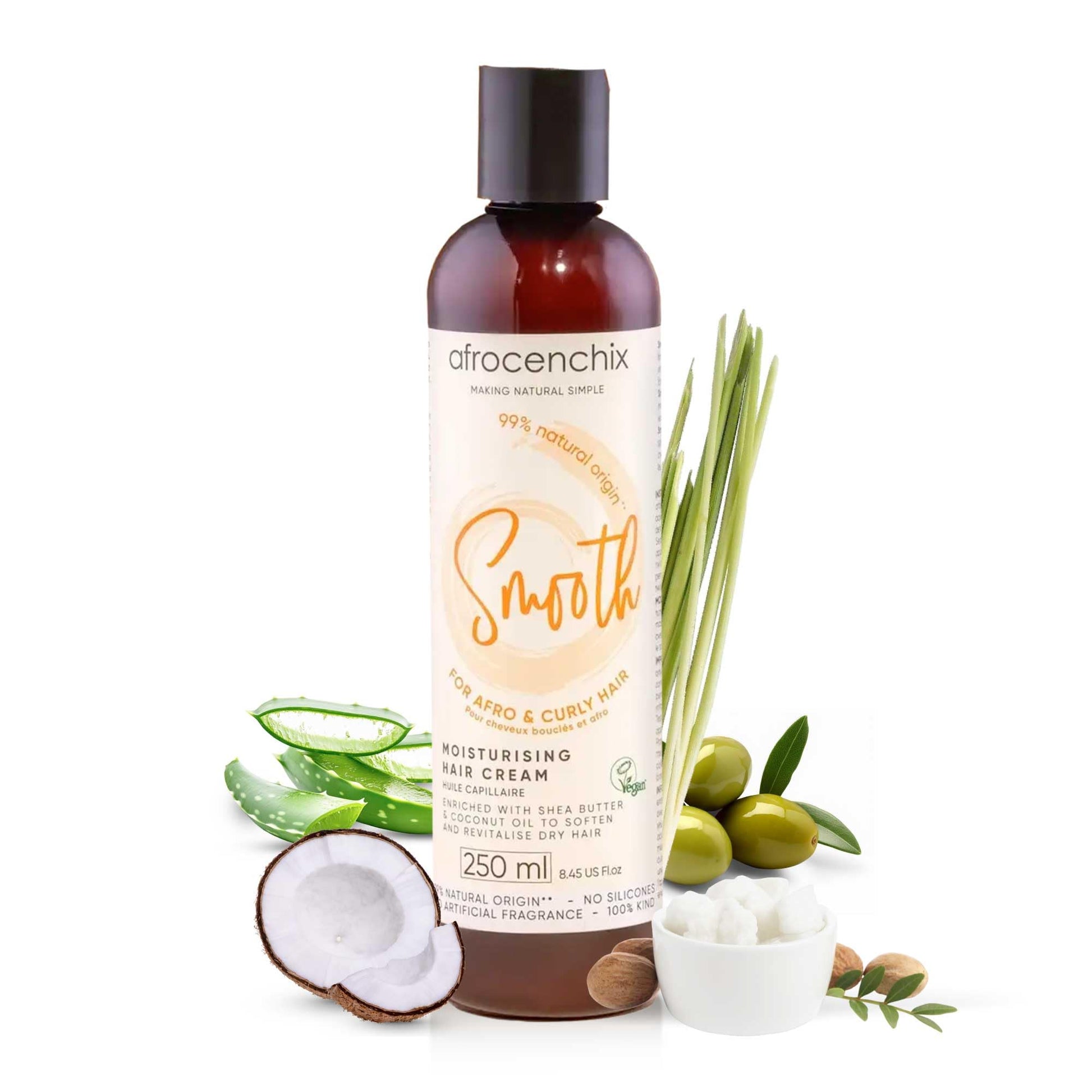 Afrocenchix Smooth - Natural Moisturizing Cream for Afro and Curly Hair - Hold Styling for Men and Women - Moisturize, Shine, Protect with Shea Butter, Coconut Oil, Aloe Vera - Vegan -250ml (9oz)