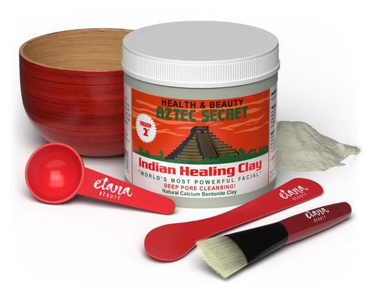 Aztec Secret Essential Indian Clay Mask Kit by Etana 100% Natural Calcium Bentonite for Deep Pore Cleansing - Facial, Hair & Body Detox Set With Accessories