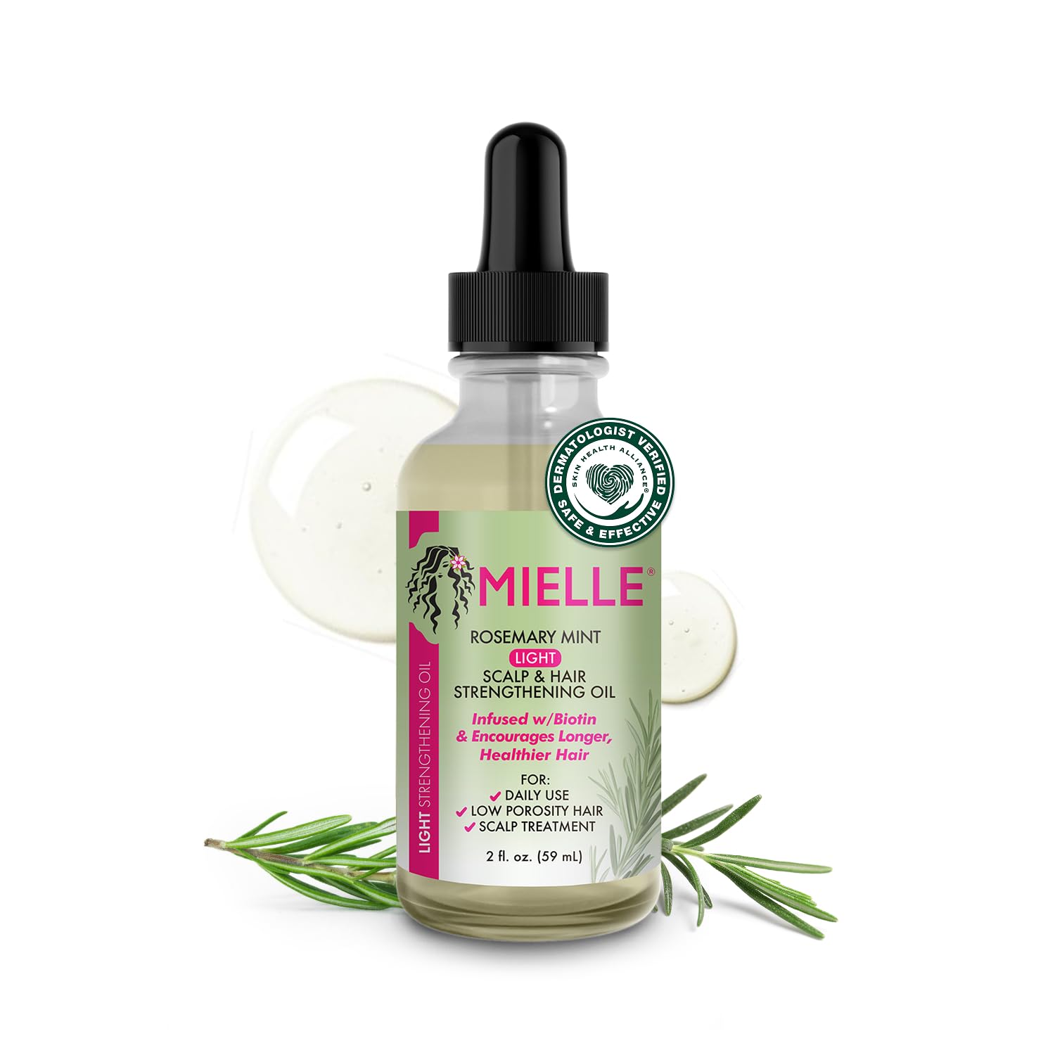 Mielle Organics Rosemary & Mint Light Hair Oil, Split Ends & Dry Scalp Treatment - Infused with Biotin & Essential Oils for Strengthening, Soothing, Moisturizing & Encouraging Longer Hair (2 Oz)