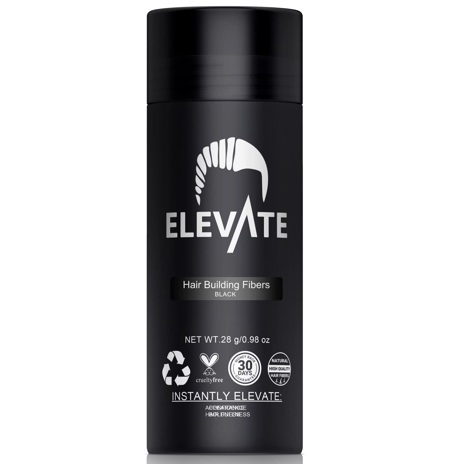 ELEVATE Hair Fibers to Instantly Thicken & Completely Conceal Thinning Balding Areas Loss in 30 Seconds for Men & Women (BLACK) 28g Size - 100% Natural & Undetectable Keratin Fibers