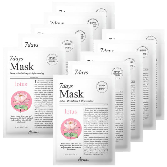 Ariul 7 Days Mask Heartleaf P Calming & Moisturizing Korean Face Mask with Panthenol & Ceramide, Hydrating & Soothing, Pore Purifying, Vegan Sheet, 10 Masks, 23ml / 0.77 fl. oz Each (Lotus N)