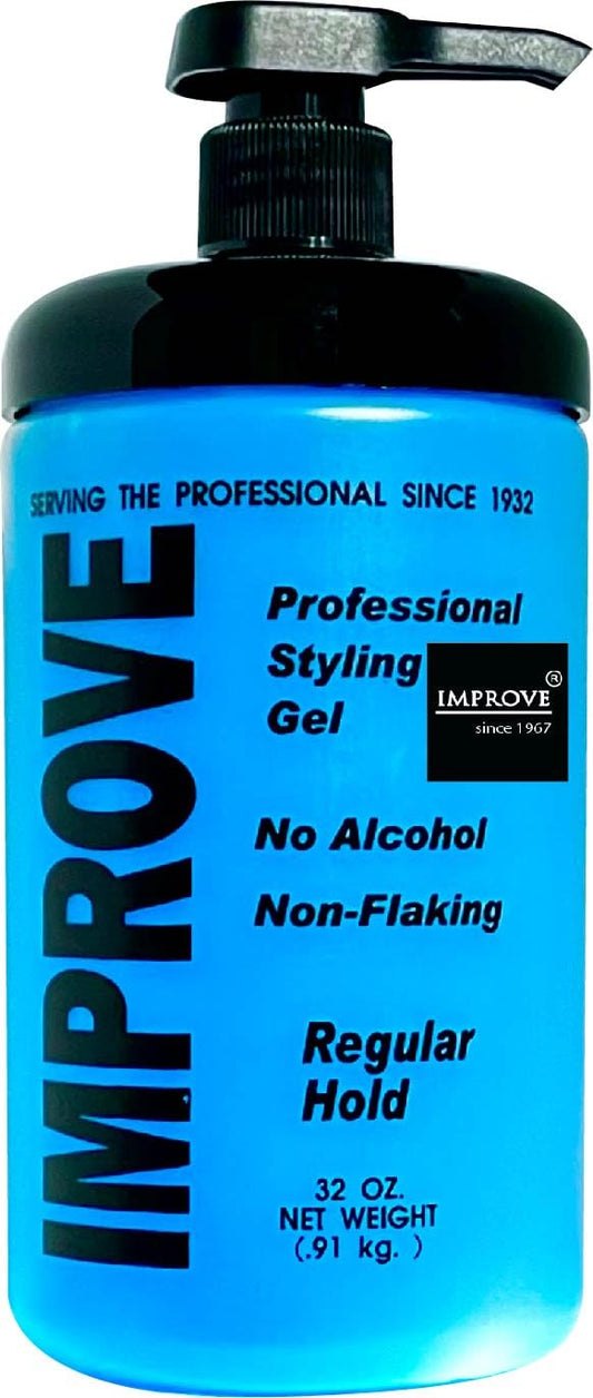 Improve Gabel's Styling Gel Blue Regular Hold (32oz /2 lb) middle pump Authentic Gabel's Manufacturer Direct has logo in black label on the jar.