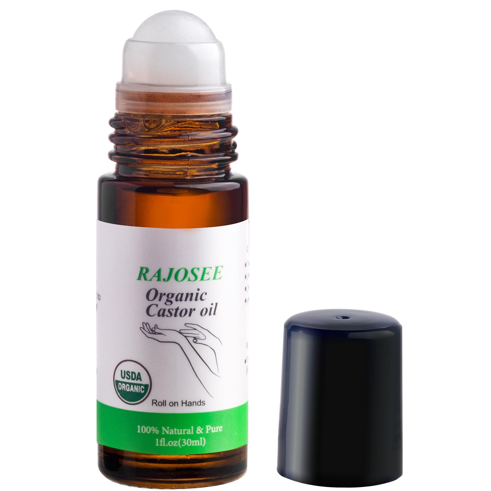 Castor Oil Roll on in Glass Bottle, Certified Organic Castor Oil Roller for Body Hair Skin Lip Eyebrow Pure Organic Cold Pressed Essential Oil - 1fl.oz
