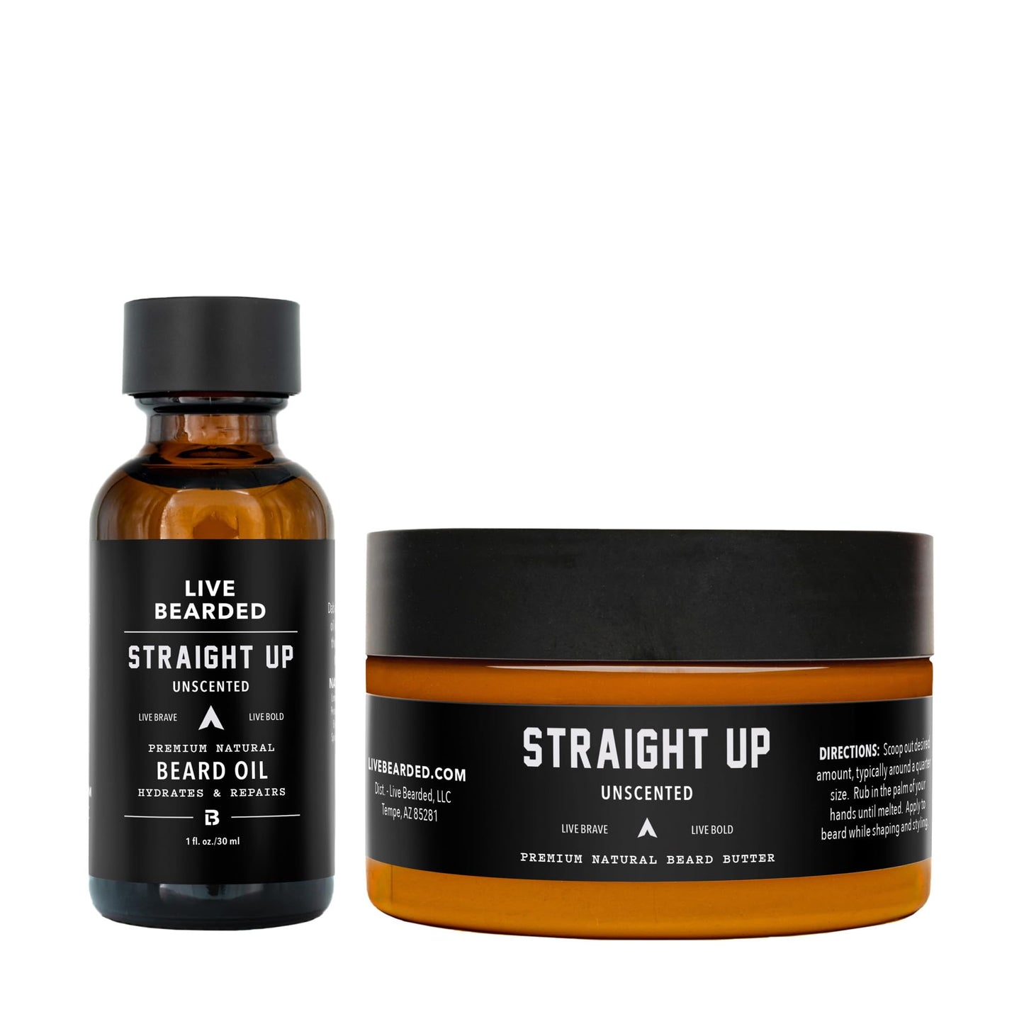 Live Bearded Beard Oil and Butter Grooming Kit - Made in the USA - All-Natural Ingredients with Shea, Argan, Jojoba - Growth Support | Straight Up Unscented - Fragrance-Free