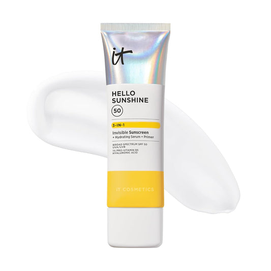 IT Cosmetics Hello Sunshine Invisible Sunscreen for Face SPF 50 - Sunscreen, Hydrating Serum & Makeup Primer - 1% Pro-Vitamin B5 & Hyaluronic Acid - HSA/FSA Eligible - No White Cast 2.7 Fl Oz