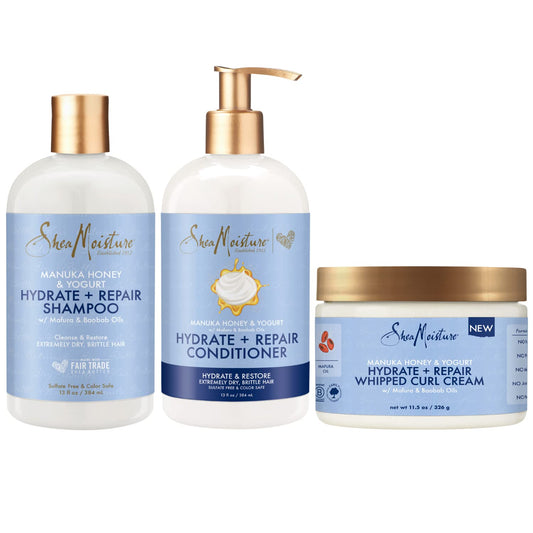 SheaMoisture Shampoo and Conditioner Set, Manuka Honey & Yogurt (13 Oz Ea) + Whipped Curl Cream (11.5 Oz) 3pc Bundle, Hydrate and Repair Shampoo and Conditioner, SheaMoisture Curly Hair Products