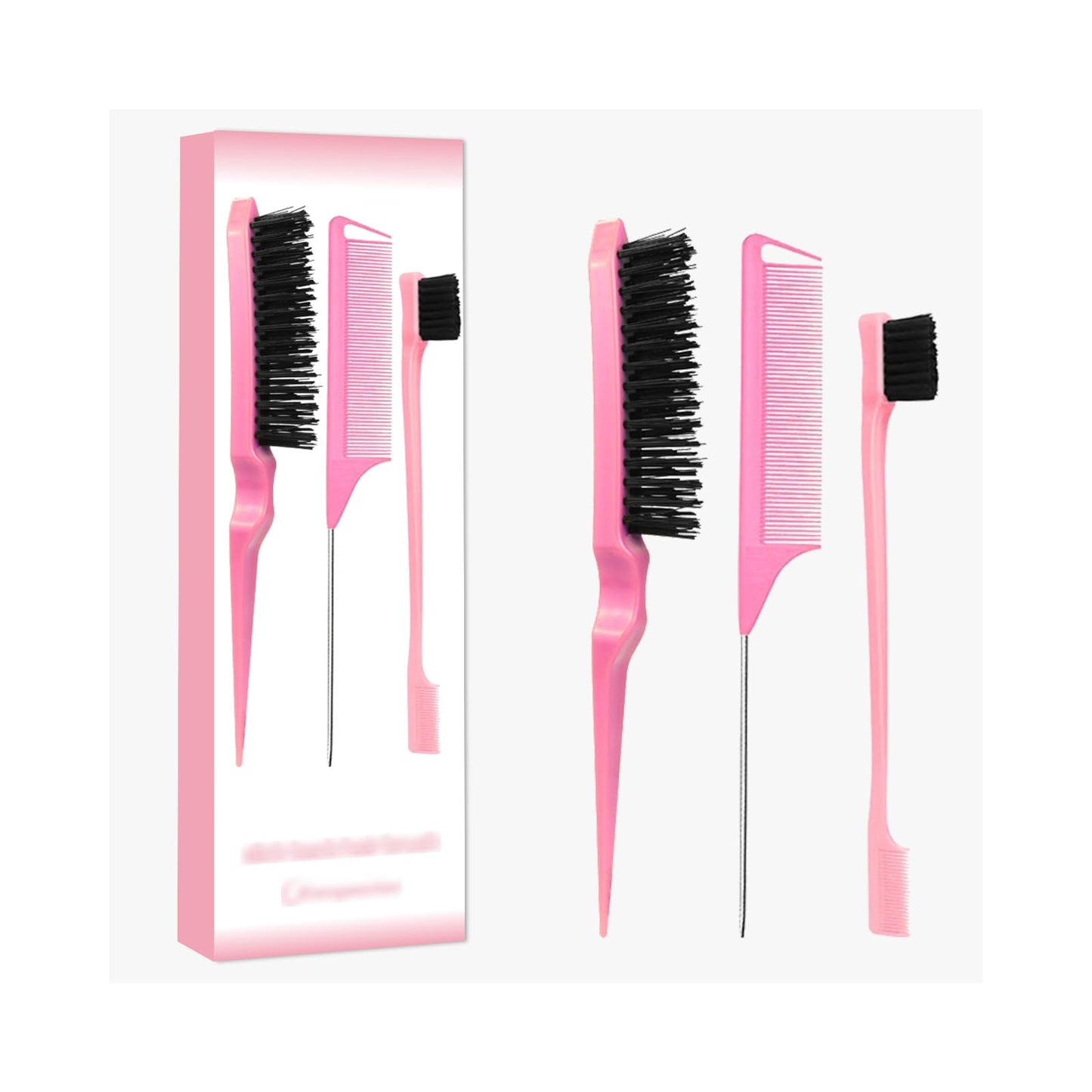 Pink Comb Set 3 piece, Slick Back Brush with Edge Brush, styling comb for kids for middle part.Rat Tail Comb, Teasing Brush Set for Smoothing brush Baby Hair