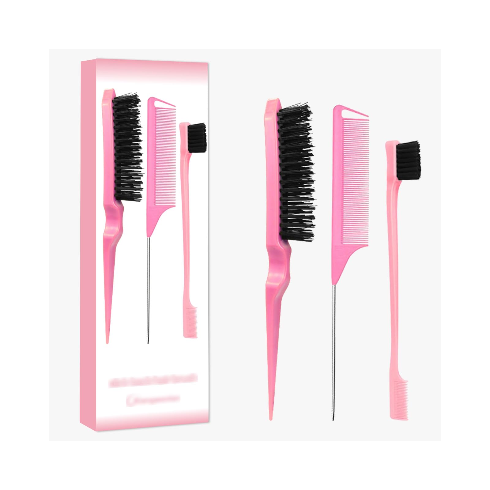 Pink Comb Set 3 piece, Slick Back Brush with Edge Brush, styling comb for kids for middle part.Rat Tail Comb, Teasing Brush Set for Smoothing brush Baby Hair