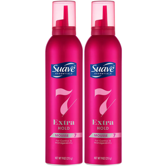 SUAVE Extra Hold Mousse for Curly Hair, Wavy, All Hair Types, Moisturizing & Nourishing, Foam, Scented 9 oz (Pack of 2)