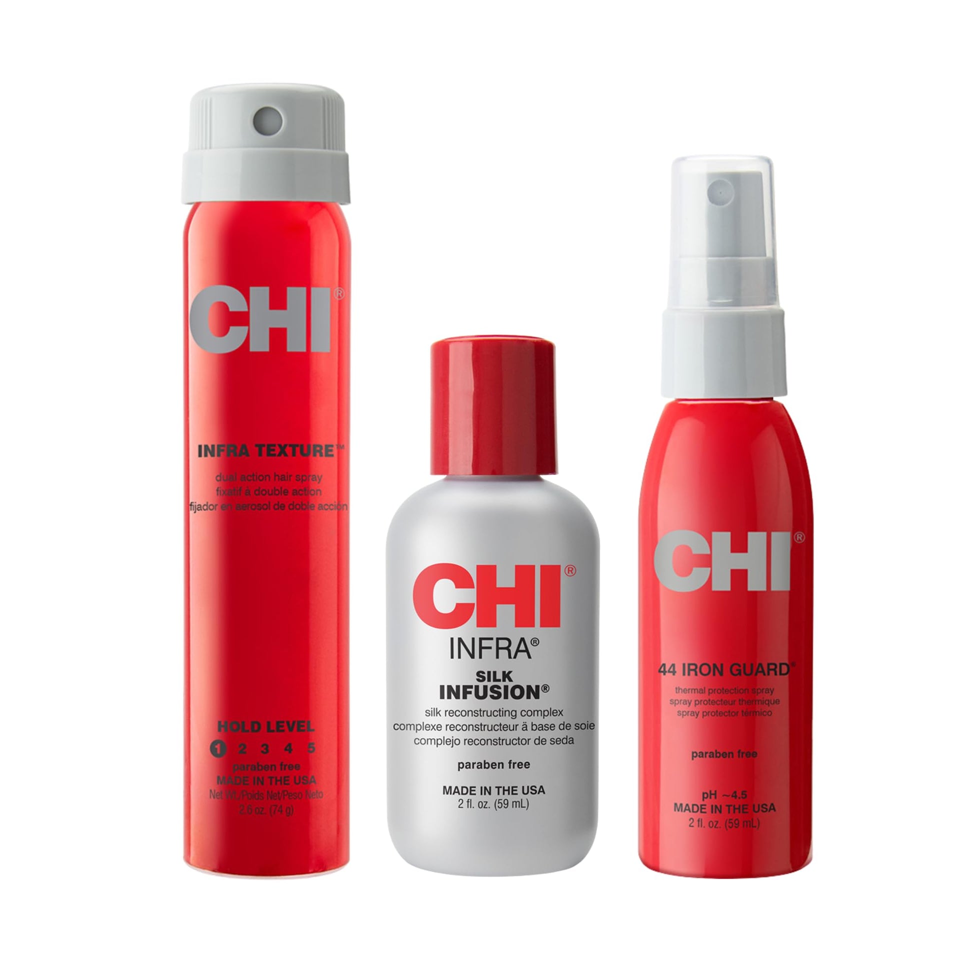 CHI Infra Ultimate Styling Kit, 2 Oz Silk Infusion, 2 Oz 44 Iron Guard, & 2.26 Oz Texture Hair Spray, Sulfate, Paraben, & Cruelty-Free (3 Products)