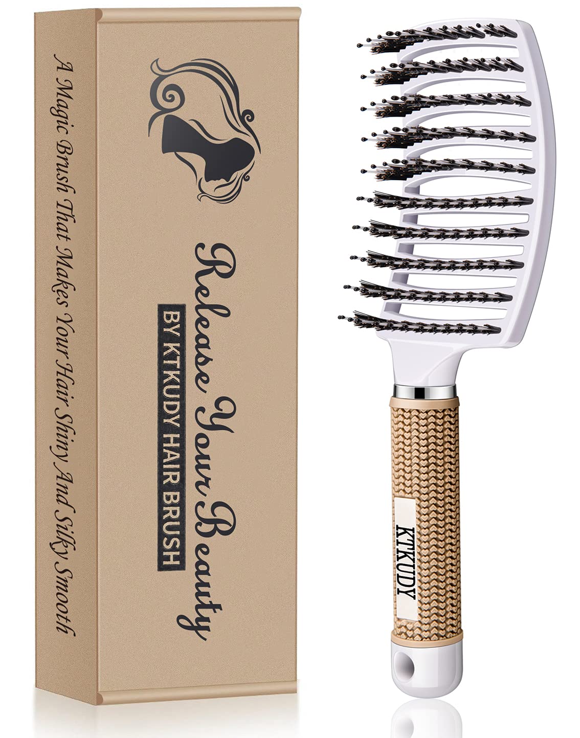 KTKUDY Detangling Hair Brush - Boar Bristle & Tangle-Free Design for Kids, Women, and Men - Perfect for Wet and Dry Hair - Smooth, Magical Pain-Free Styling (White)