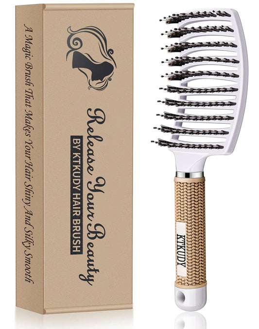 KTKUDY Detangling Hair Brush - Boar Bristle & Tangle-Free Design for Kids, Women, and Men - Perfect for Wet and Dry Hair - Smooth, Magical Pain-Free Styling (White)