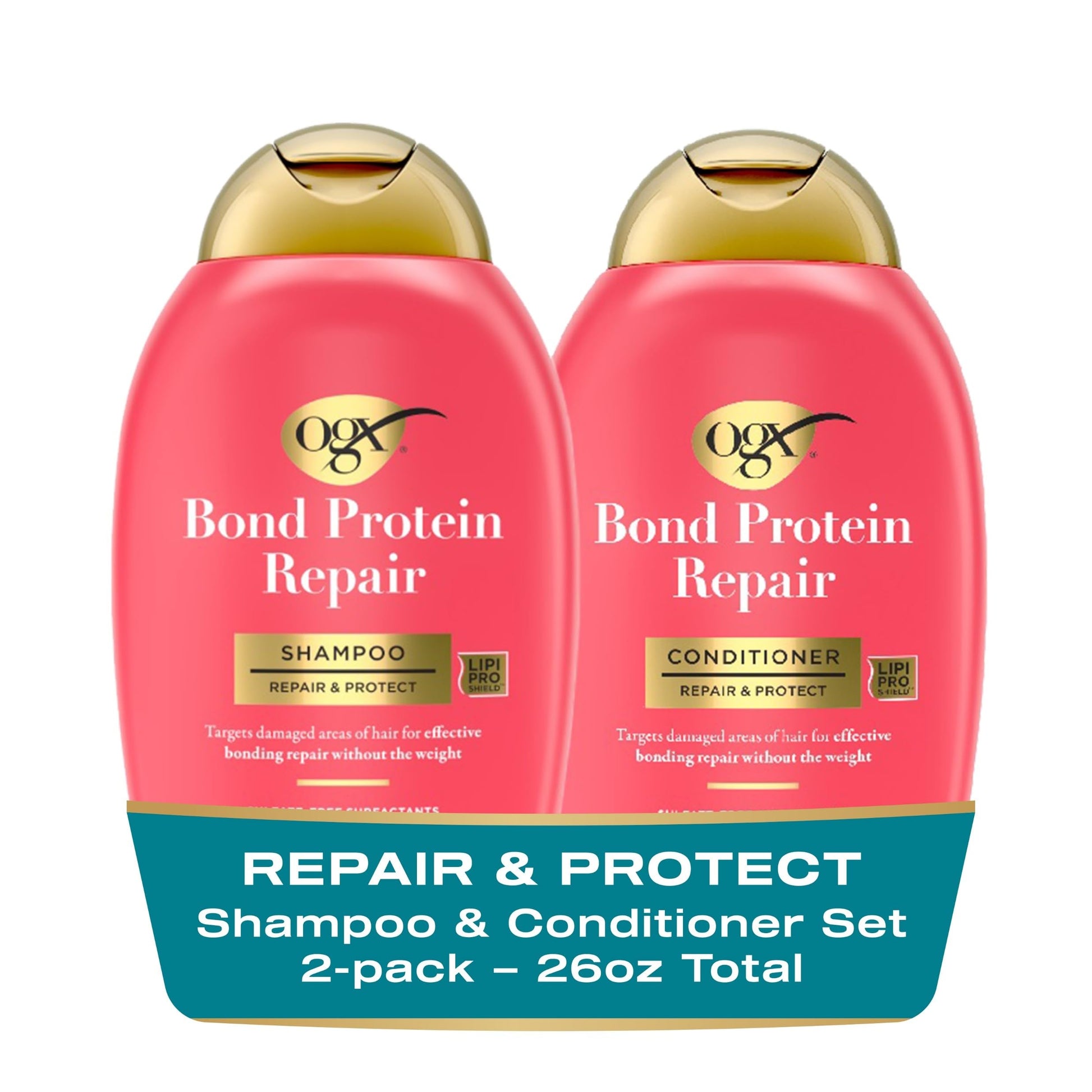 OGX Repair + Protect Bond Protein Repair Shampoo + Conditioner, Targets Damaged Areas of Hair for Effective Bond Repair, Sulfate-Free Surfactants, 13 fl. Oz (Pack of 2)