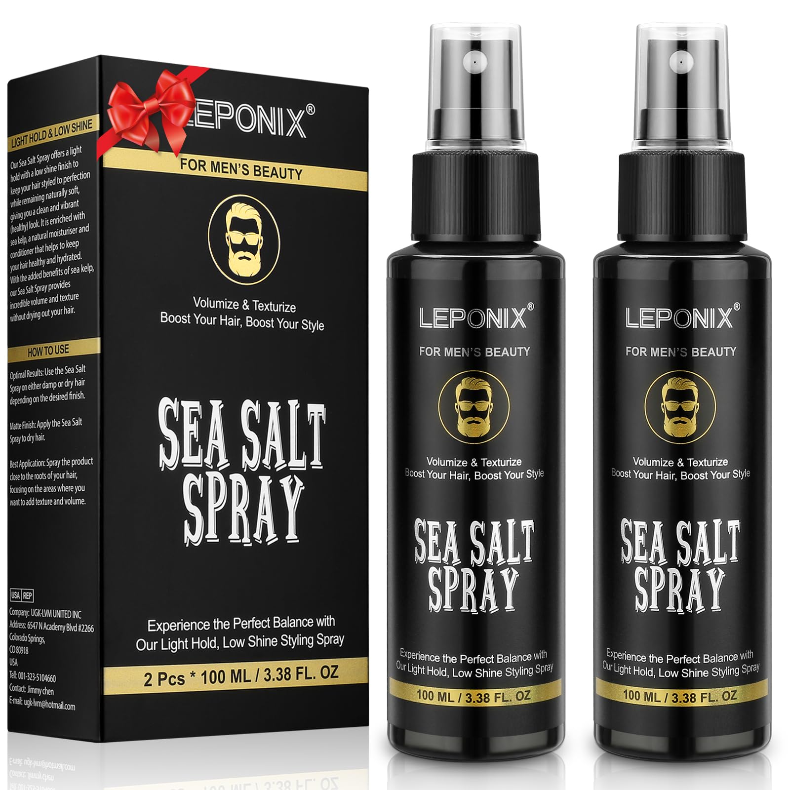 Sea Salt Spray for Men, Sea Salt Spray for Hair, Texturizing & Thickening With Kelp, Aloe Vera & Red Algae Extract, Adds Instant Volume & Light, Beach Waves Styling Product, Travel Hairspray 2x100ml