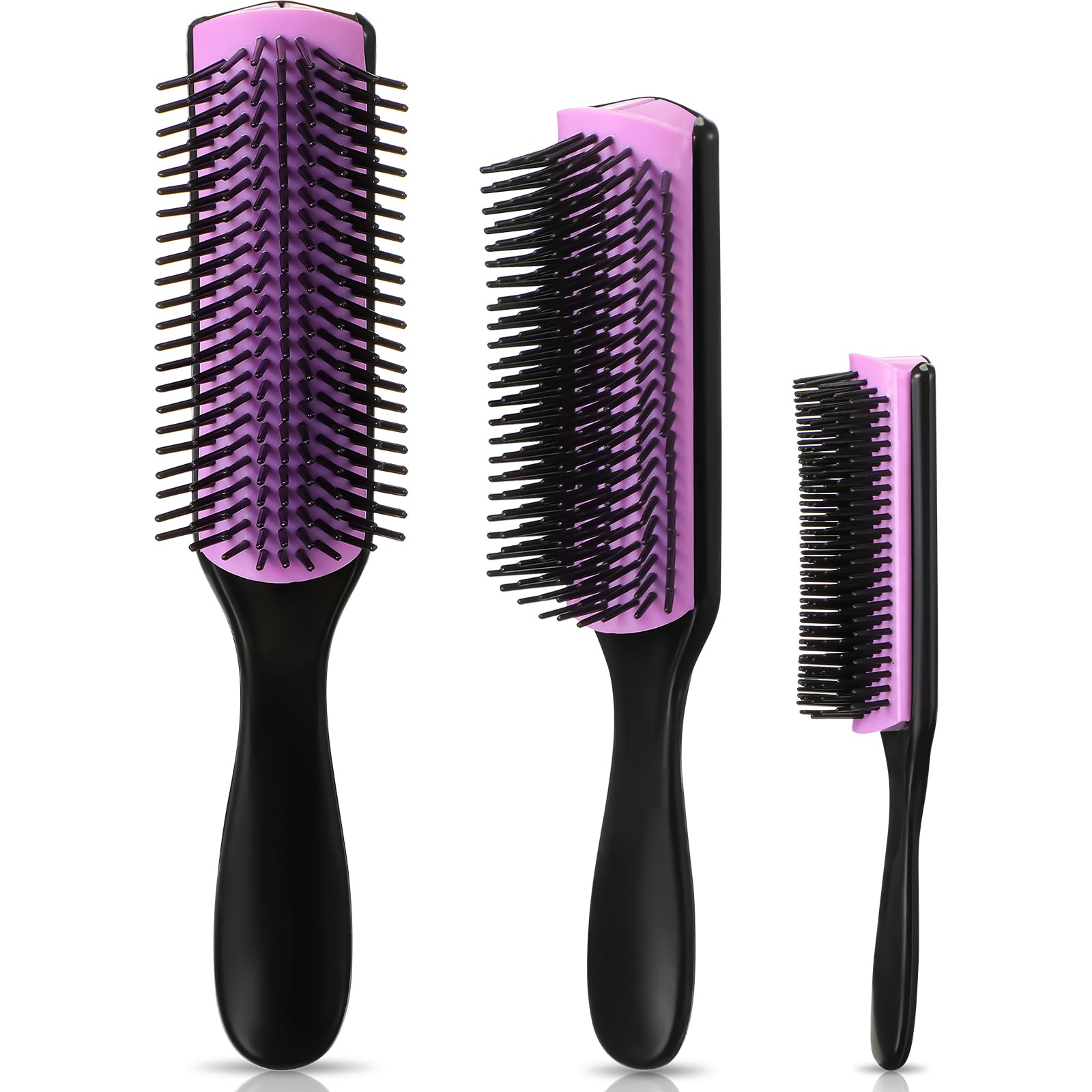 Patelai 3 Sizes 9-Row and 5-Row Cushion Nylon Hair Brush for Natural Hair, Travel Detangling Brush Comb for Women Men Volumizing Shaping Separating Defining Curls Hair Salon(Black Purple)
