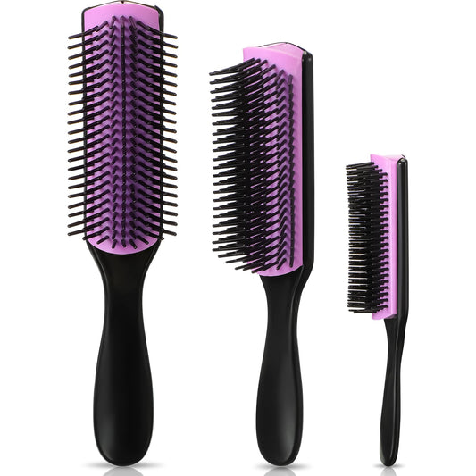 Patelai 3 Sizes 9-Row and 5-Row Cushion Nylon Hair Brush for Natural Hair, Travel Detangling Brush Comb for Women Men Volumizing Shaping Separating Defining Curls Hair Salon(Black Purple)