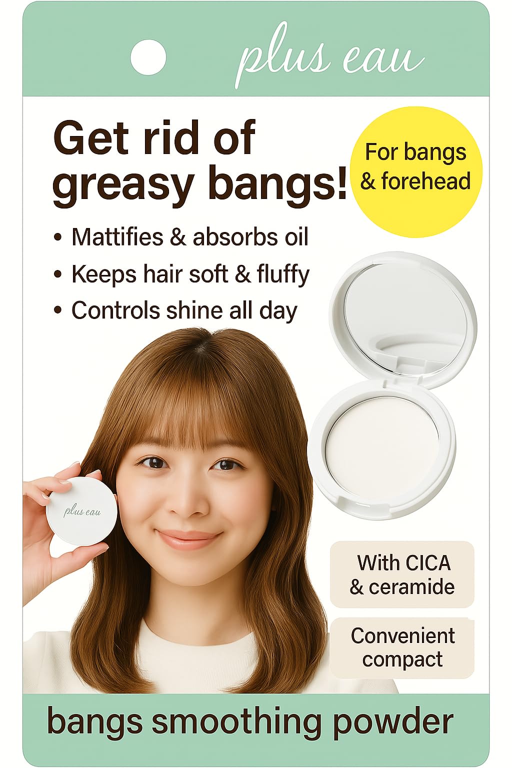 Bang Reset Powder Fragrance-Free Oil Control Hair Styling Powder for Oily Bangs, Compact with Puff & Mirror, Made in Japan
