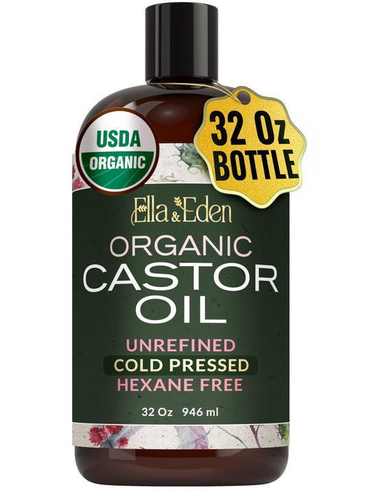 Organic Castor Oil Cold-Pressed, Hexane-Free, USDA Certified, Unrefined & 100% Pure | For Hair Growth, Skin, Face and Stomach 32 fl oz