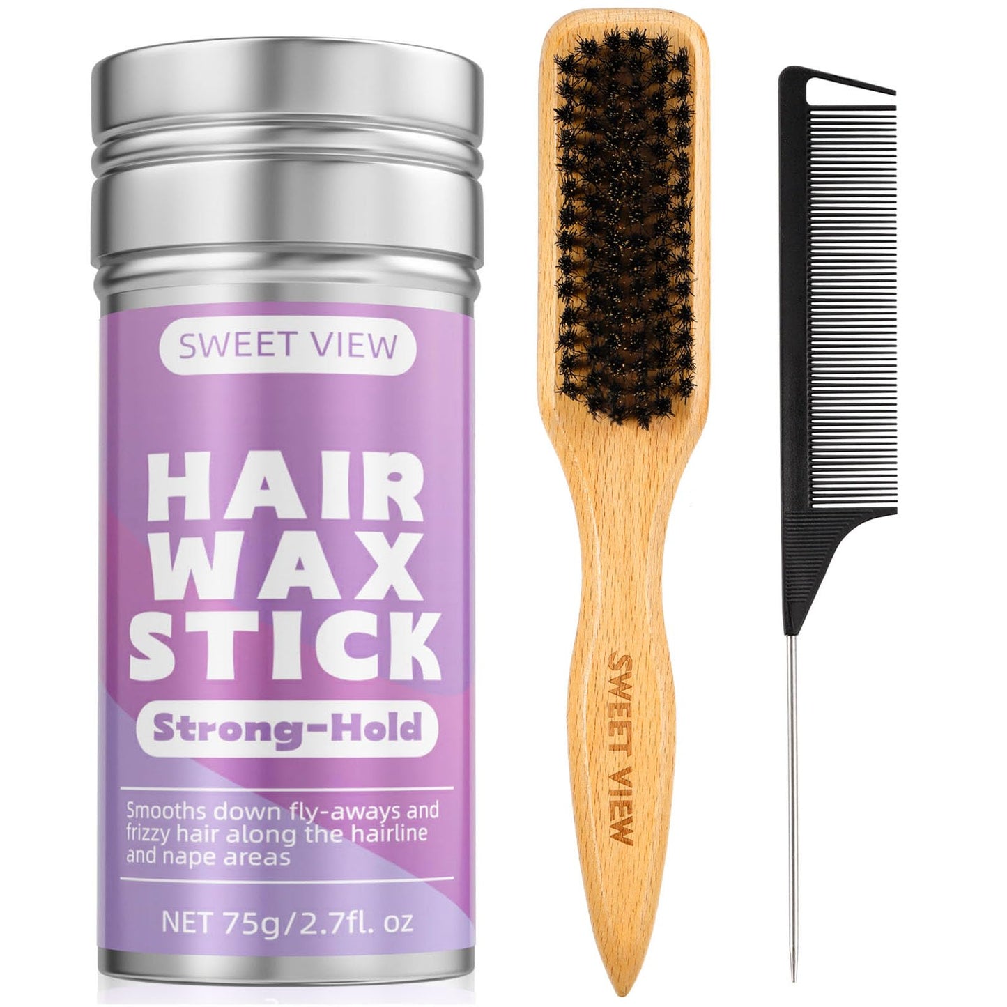 Boar Bristle Slick Back Hair Brush & Hair Wax Stick for Smooth Flyaways, Frizz, Sleek Ponytail, Buns and Edge Baby Hair, Styling Accessories for Girls, Kids and Women