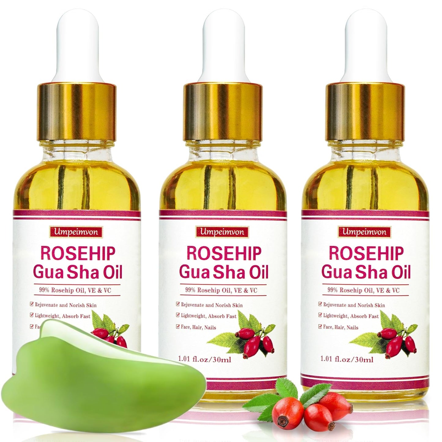 3 Pack Gua Sha Face Oil for Women, Rosehip Oil Organic Facial Oil Moisturizer Infused Rose, Vitamin E & C, Restore and Rejuvenate, Hydrating Facial Oil for DERMAplaning, 1.01fl.oz/30ml