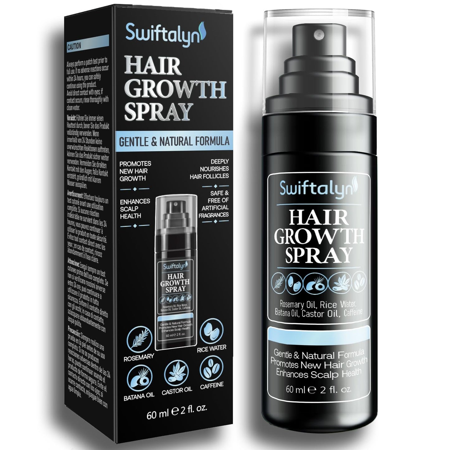 Natural Hair Growth Spray Serum for Men: Hair and Scalp Oil with Rosemary, Batana Oil, Rice Water, Castor Oil, Caffeine, Biotin - Effective Hair Thickening and Hair Loss Treatment for Men 60ml