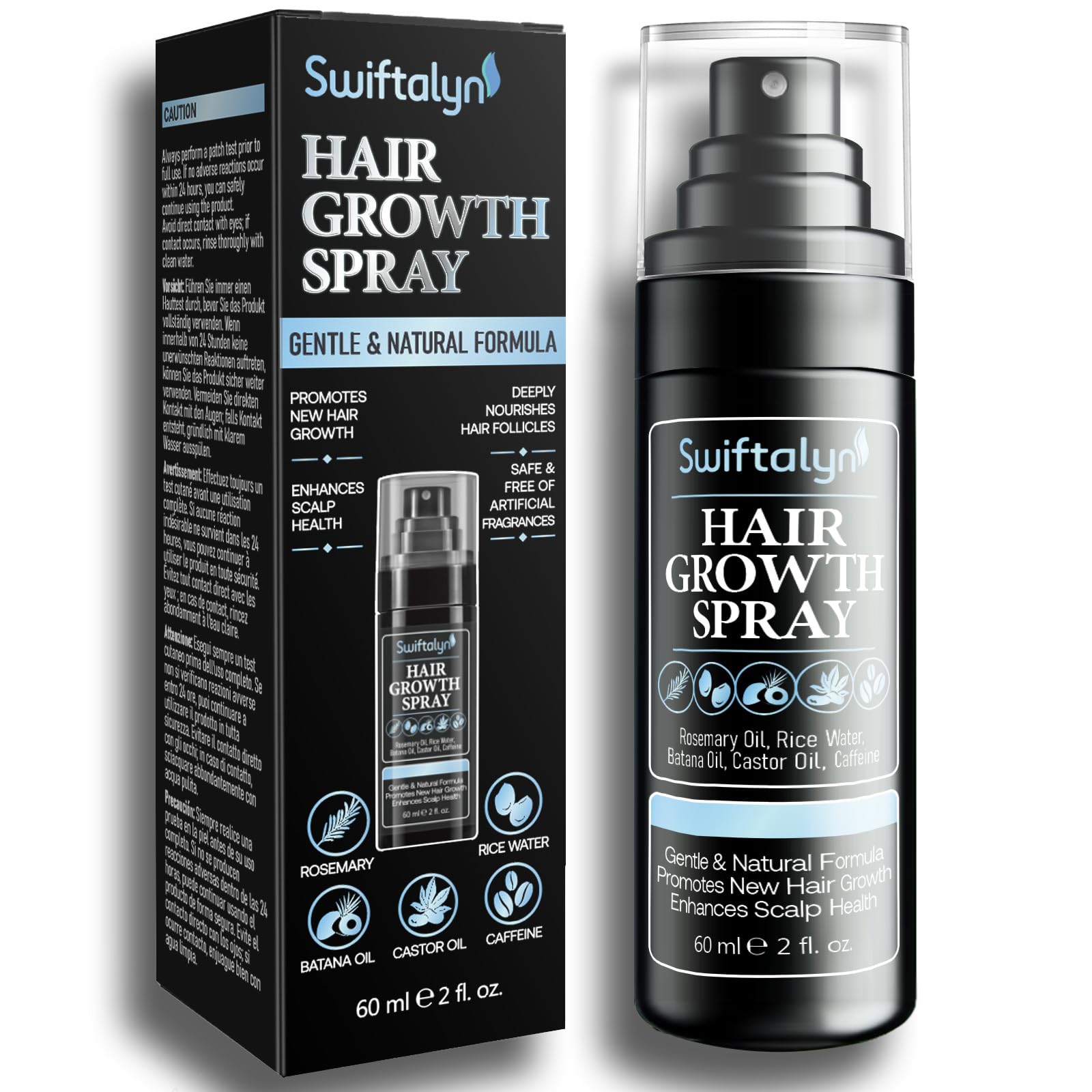 Natural Hair Growth Spray Serum for Men: Hair and Scalp Oil with Rosemary, Batana Oil, Rice Water, Castor Oil, Caffeine, Biotin - Effective Hair Thickening and Hair Loss Treatment for Men 60ml
