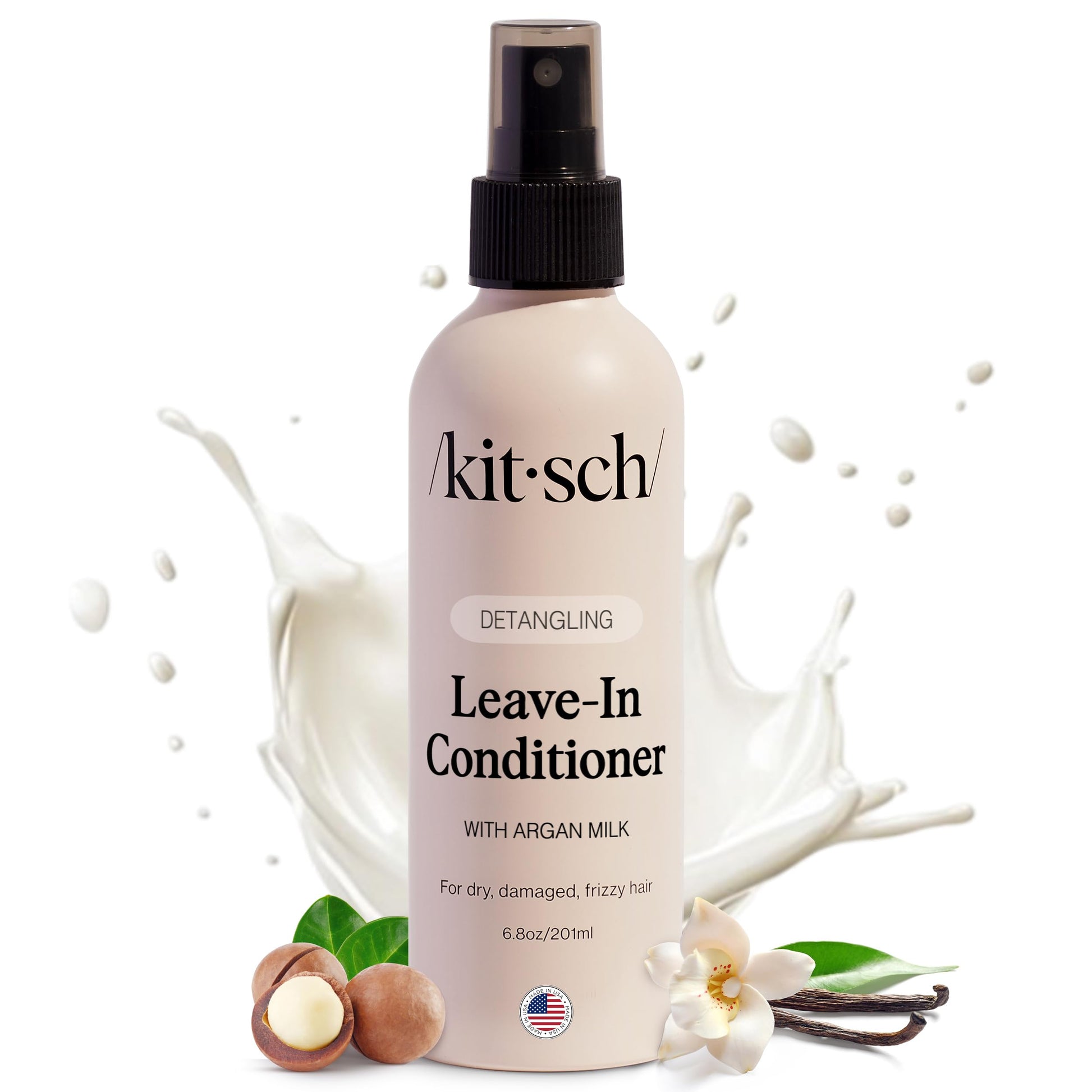 Kitsch Argan Milk Leave In Conditioner Spray Lightweight Moisturizing Hair Spray for Women and Men - Hair Detangler Spray for Curly, Wavy, Fine, Dry & Damaged Hair - Silicone-Free - 6.8oz