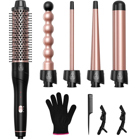 5 in 1 Wand Curling Iron Set, Hair Styling Tools with Thermal Brush and 4 Interchangeable Ceramic Barrels from 1/2 to 1 1/2 inch, Fast Heating, Dual Voltage Hair Curler, Gifts for Women