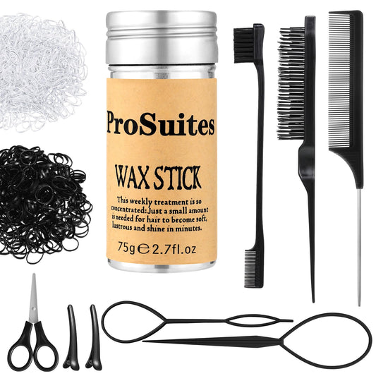 Slick Back Hair Brush with 1000pcs Hair Rubber Bands,Hair Wax Stick,Elastic Hair Ties,Rat Tail Comb for Women, Men and All,Curly Hair,Straight Hair