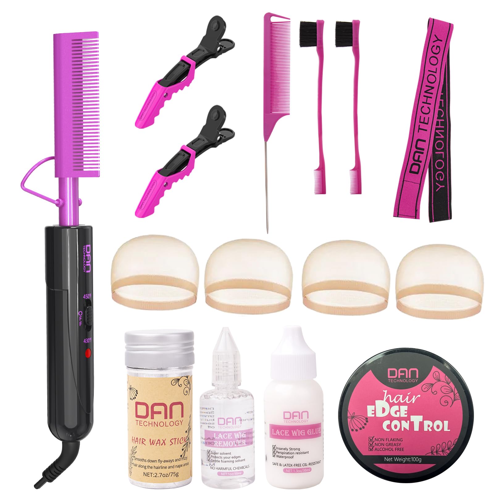 DAN Technology hot comb set,hot comb,Edge Control Gel,Hair Wax Stick,Wig Glue,Wig Glue Remover,Lace Melting Band,Rat Tail Comb,Hair Edge Brush,Salon Styling Clips,hot comb for lace front wigs…
