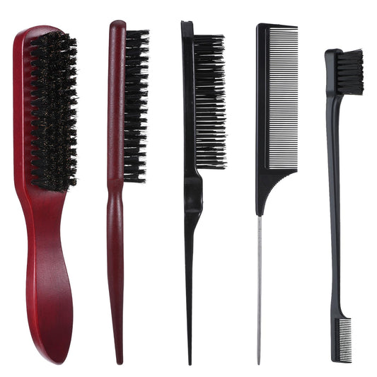 cobee 5 Pcs Slick Back Hair Brush Set, Bristle Hair Brush Edge Control Brush Teasing Comb, Wax Stick for Hair & Wig Flyaways, For Smooth Hair Parting Smooth Flyaways