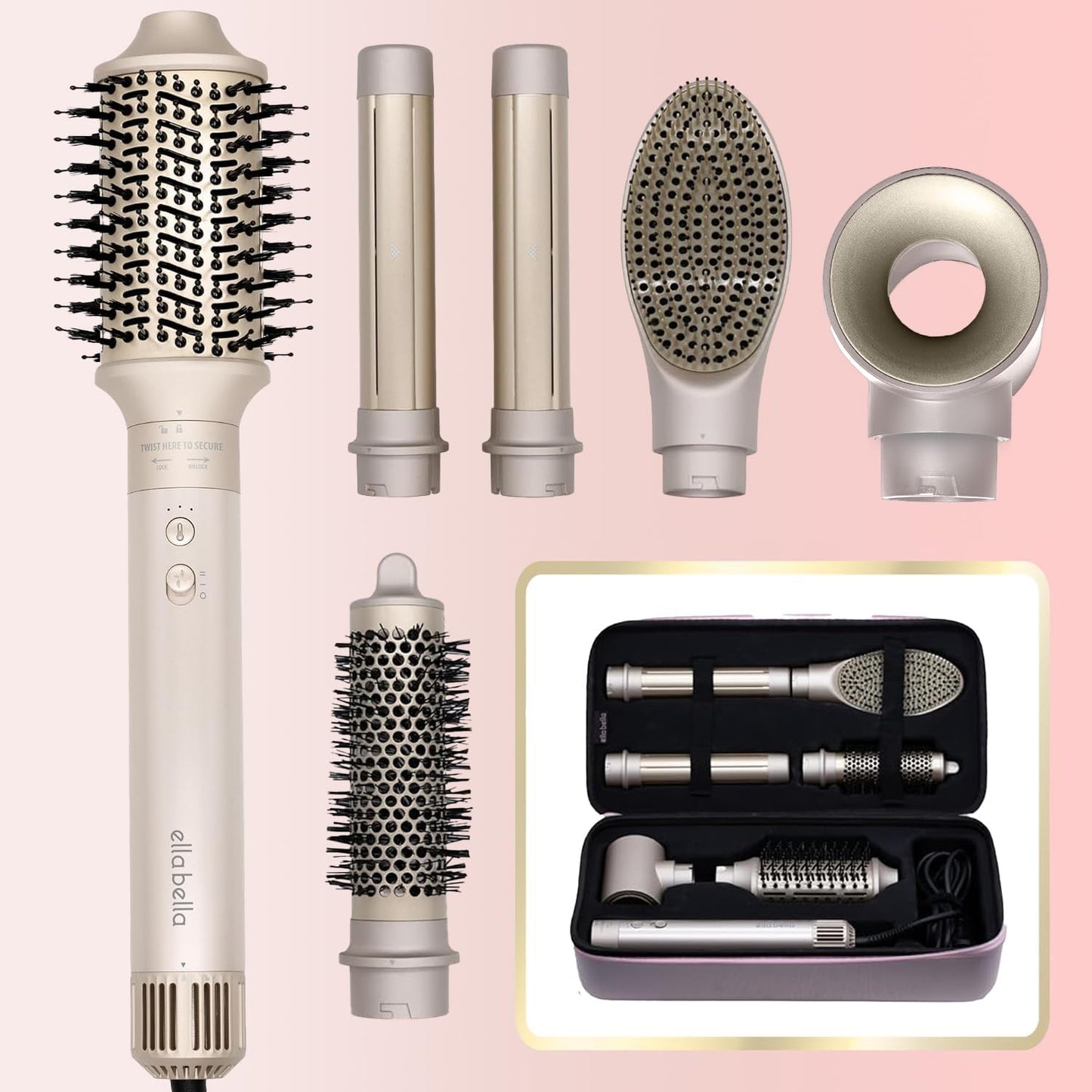 ELLA BELLA¨ 6 in 1 Professional Hot Air Styler • Powerful Hair Dryer & Straightener Set • Styling Without Heat Damage • Fast Drying Curling Volumizing Straightening • Includes Protective Travel Case