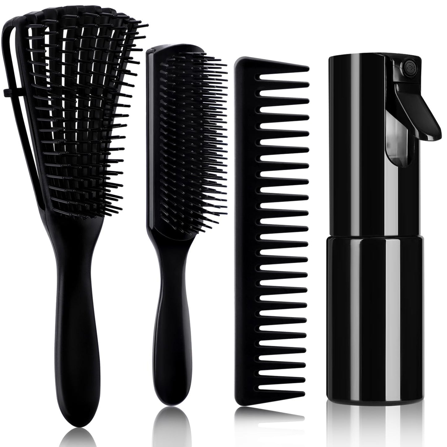 4pcs Curly Hair Brush Set for Adult & Kids Wet or Dry, Detangling Brush for 3/4ABC Hair with Detangler Spray Bottle & Wide Tooth Comb (3+1, Black)