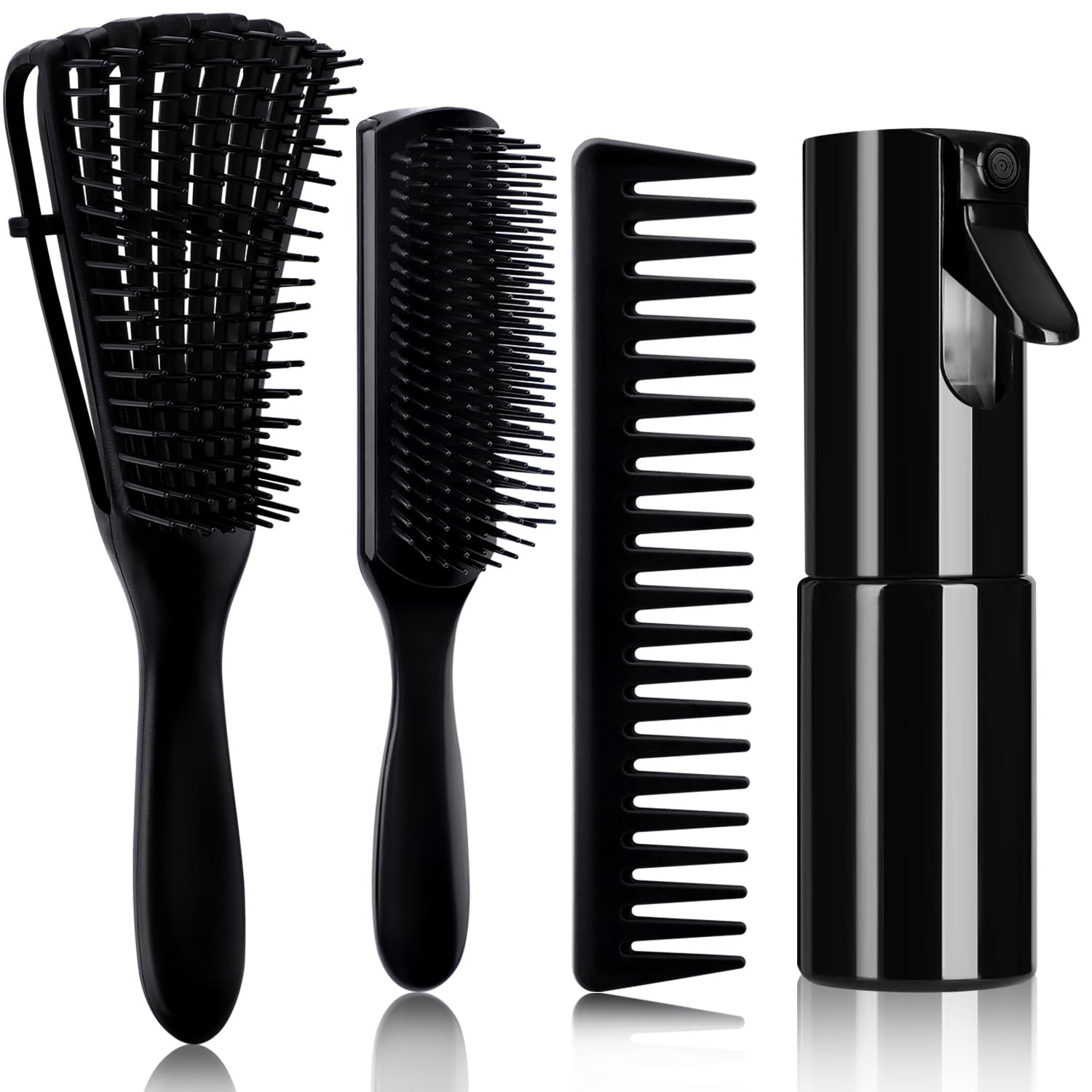 4pcs Curly Hair Brush Set for Adult & Kids Wet or Dry, Detangling Brush for 3/4ABC Hair with Detangler Spray Bottle & Wide Tooth Comb (3+1, Black)
