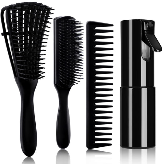 4pcs Curly Hair Brush Set for Adult & Kids Wet or Dry, Detangling Brush for 3/4ABC Hair with Detangler Spray Bottle & Wide Tooth Comb (3+1, Black)