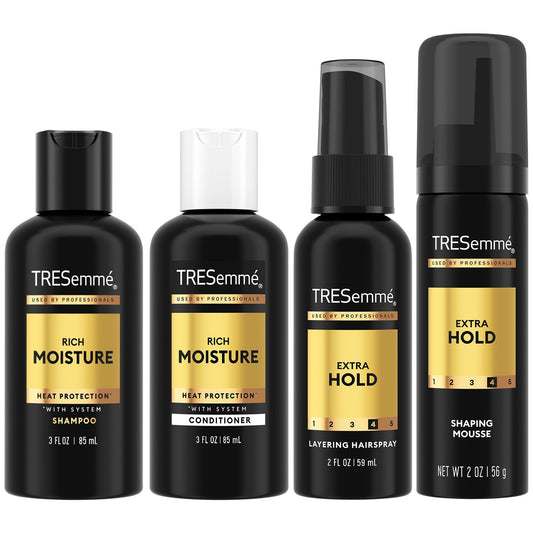 TRESEMME Travel Shampoo, Conditioner, Hairspray & Hair Mousse Rich Moisture Hair Products + Non-Aerosol Hair Spray & Alcohol-Free Mousse, 24H Frizz Control (4 Piece Set)