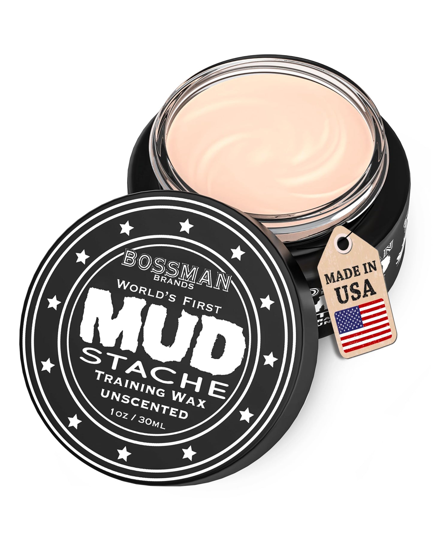 Bossman MUDstache Unscented Mustache Wax for Men (1 oz) Strong 24-Hour Hold, Non-Tacky & Easy to Apply for Taming & Styling