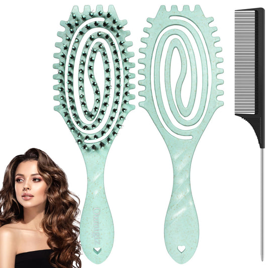 Curl Defining Brush, Boar Bristle Detangling Hair Brush for Women Girls Thick Curly Wavy Hair Wet Dry Use, Fast Blow Drying Vented Styling Hairbrush, Smoothing Hair No Tangle (Turquoise)