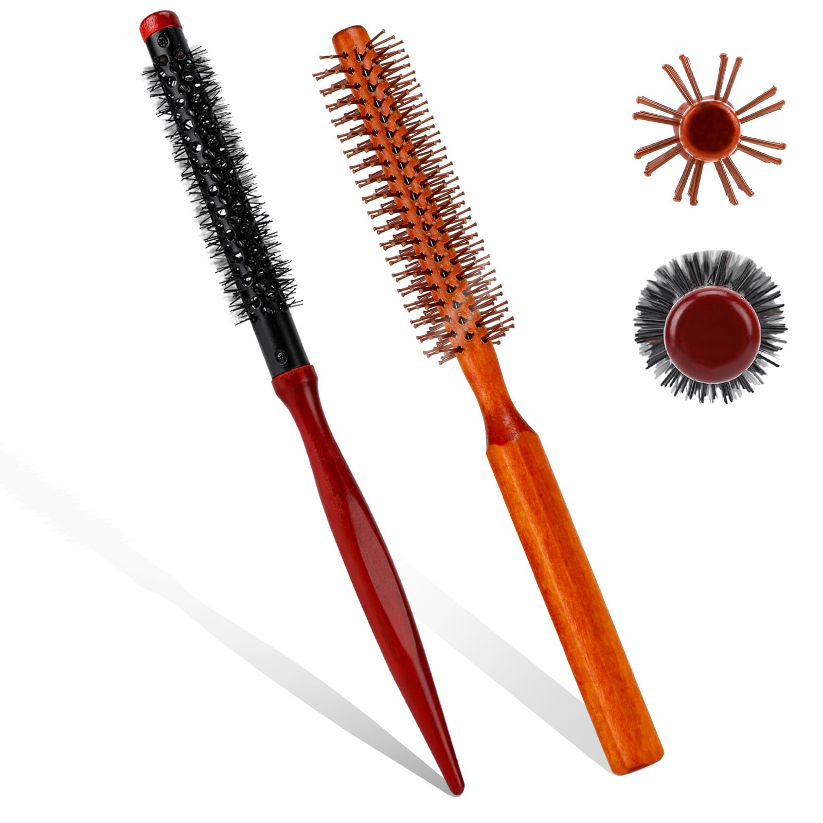 Mini Quiff Roller Brushes, 2 PCS Portable Curling Brushes with Wooden Handle and Nylon Bristles for Blow Drying, Styling Short or Thin Hair
