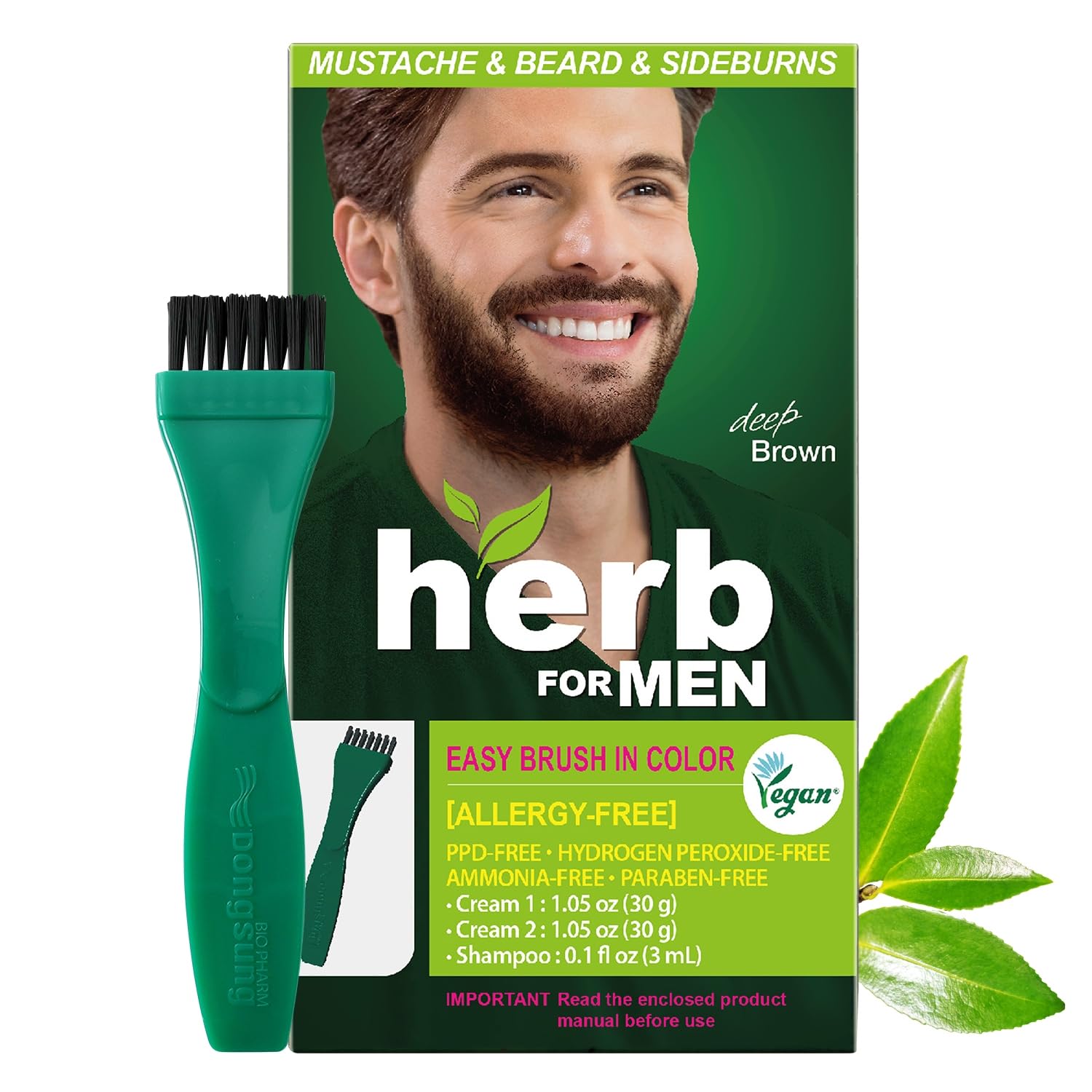 Herb For Men Mustache & Beard Dye (Deep Brown, 1 Pack), PPD-Free Ammonia-Free, Vegan with Natural Ingredients, Odorless, Gentle for Sensitive Skin, No Skin Irritation